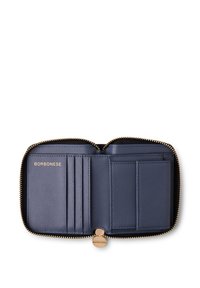Portefeuille en cuir marine avec une fermeture éclair dorée, comportant plusieurs fentes pour cartes et un intérieur lisse. Nom de la marque "Borbonese" estampé à l'int�érieur.