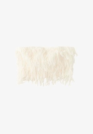 White strapless top covered with long, soft, feathery fringes creating a textured and layered effect.