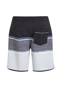 Lautre pendek dengan pinggang hitam, garis horizontal abu-abu, putih, dan teal, dilengkapi dengan kantong belakang dan label tenun.