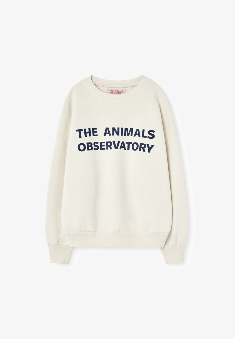 Beige Sweatshirt aus weichem Material mit geripptem Kragen, Bündchen und Saum. Bedruckter Text "THE ANIMALS OBSERVATORY" in marineblau.