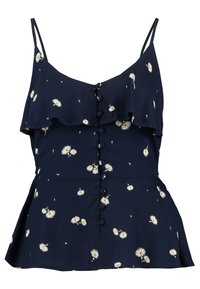Navy floral top with thin straps, ruffled overlay, and buttons down the front. Features small white daisy patterns throughout.