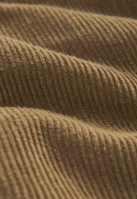 Brown corduroy fabric with prominent vertical ridges, soft texture, and a warm tone, highlighting its detailed pattern and depth.