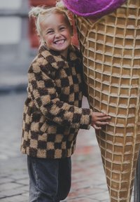Bruin en beige geblokte fleecejas met een kraag; een kind omhelst een groot beeld van een ijscone met een gestructureerde wafelvouw en een roze bol.