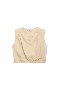 Beige ærmeløs crop top med V-halsudskæring, samlet talje og let plissering på skulderpanelerne, lavet af letvægtsstof.