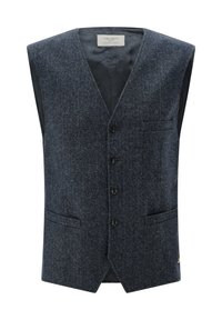 Dunkelblaues Fischgrätmuster-Weste aus strukturiertem Stoff, mit V-Ausschnitt, fünf Knöpfen, zwei Fronttaschen und einem kontrastierenden Innenfutter.