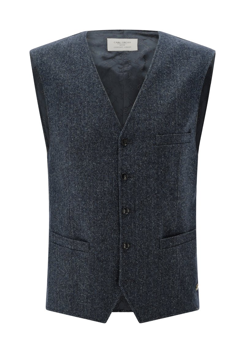 Dunkelblaues Fischgrätmuster-Weste aus strukturiertem Stoff, mit V-Ausschnitt, fünf Knöpfen, zwei Fronttaschen und einem kontrastierenden Innenfutter.