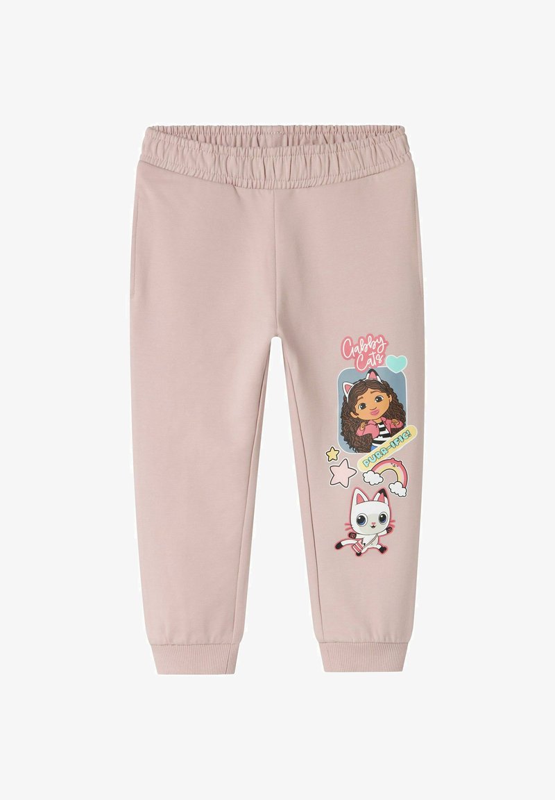 Lichtroze sweatpants met een elastische tailleband, voorzien van kleurrijke bedrukte graphics van een meisje en een kat, plus sterren en een regenboogdetail.