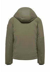 Giacca imbottita verde oliva con cappuccio, realizzata in materiale sintetico morbido, maniche lunghe e polsini regolabili; presenta una leggera lucentezza e linee pulite.
