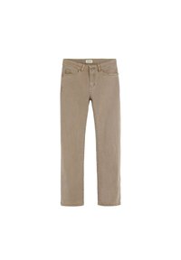 Jeans de mezclilla beige con corte recto, que presentan un cierre frontal con botón, dos bolsillos delanteros y un diseño trasero sin costuras.