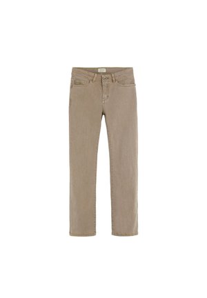 Jeans de mezclilla beige con corte recto, que presentan un cierre frontal con botón, dos bolsillos delanteros y un diseño trasero sin costuras.