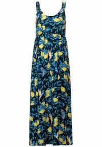 Maxi šaty s námořnickým pozadím, zdobené živým květinovým a citronovým vzorem v žluté, modré a zelené barvě. Vyrobeny z lehké tkaniny.