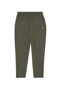 Olijfgroene lichte joggers met een elastische tailleband, zijzakken en een klein geel logo op de bovenbeen. Met ritsen bij de enkels.