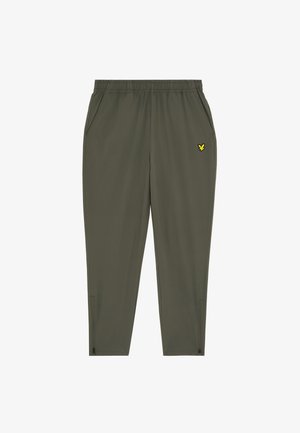Olivegröna lätta joggers med elastisk midja, sidofickor och en liten gul logotyp på den övre låret. Dragkedjeöppningar vid anklarna.