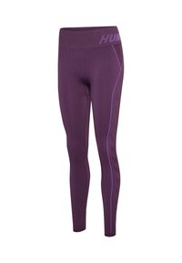 Fioletowe bezszwowe legginsy sportowe z wysokim stanem i tonalnym detalem w postaci bocznego paska.