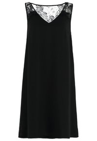 Svart ärmlös klänning med V-ringning och spetsdetaljer på axlarna. Mjuk tyg, flowy silhuett och knä-lång skärning.