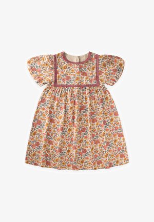 Kjole til småbørn med puffede ærmer, blomstermønster i gul, rød og grøn samt lyserød blonder på brystpanel og halsudskæring.