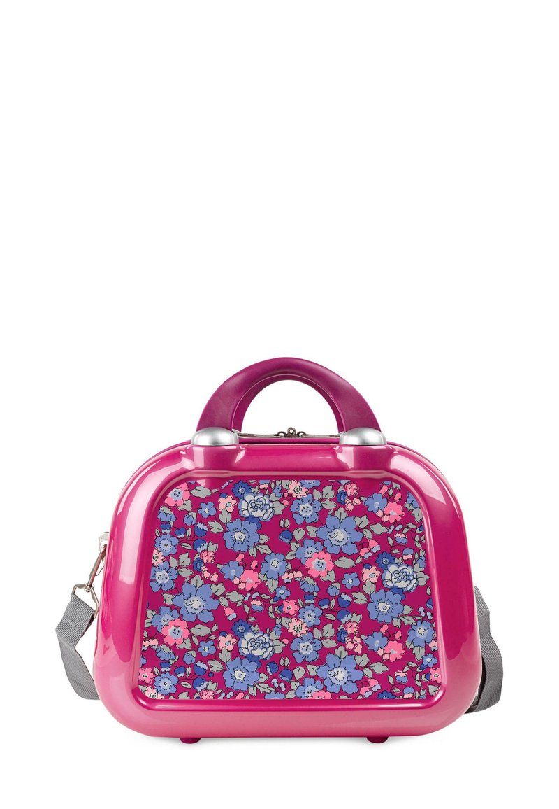 Bolso rígido rosa con patrón floral en tonos morado, azul y rosa, asa superior y correa de hombro gris desmontable sobre fondo blanco.