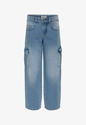 Lichtblauwe denim cargobroek met wijde pijpen, voorzien van twee grote zijzakken en het traditionele ontwerp met vijf zakken. Klassieke tailleband met knoopsluiting.