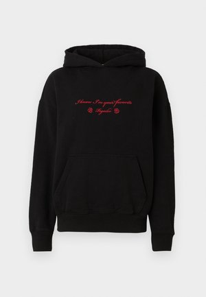 Black hooded sweatshirt made of cotton with a front pocket. Features red embroidered text and floral accents on the chest.