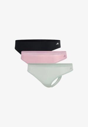 Drei Paar Damenunterwäsche in Schwarz, Pink und Mintgrün. Jedes Paar hat ein glattes, dehnbares Design und minimalistische Akzente am Bund.