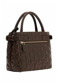 Sac à main matelassé marron en cuir, doté de deux poignées, d'une poche zippée à l'avant et d'accents métalliques dorés. Forme rectangulaire.