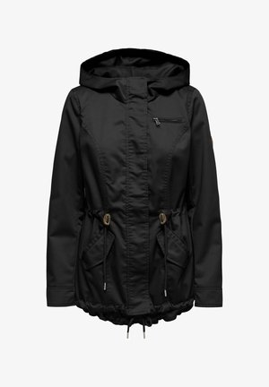 Black waterproof jacket with a zippered chest pocket, adjustable waist drawstring, and two front pockets. Features a hood and elastic cuffs.