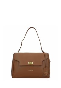 Borsa a mano in pelle marrone con design strutturato, hardware dorato, pattina frontale e etichetta rimovibile. Presenta un manico singolo resistente.