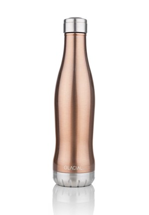 Copper-colored insulated water bottle with silver screw cap and base, Glacial brand name visible near the bottom.