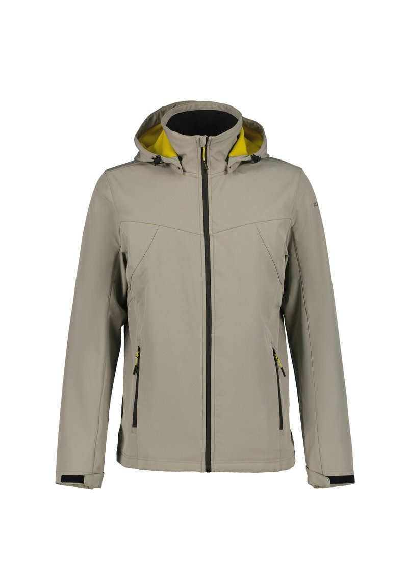 Beige softshell jakke med hætte, sort lynlås og accenter, gul indvendig foring, sidelommer og formede sømme for en moderne pasform.