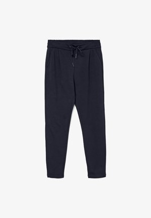 Navy blå joggebukser laget av mykt stoff, med elastisk midje og snor, sidelommer og design med innsvingte ben.