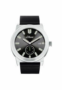 Schwarze analoge Uhr mit einem Gehäuse aus silbernem Edelstahl, einem schwarzen Zifferblatt und leuchtenden Stundenmarkierungen; verfügt über ein Hilfszifferblatt mit einem grünen Akzent.