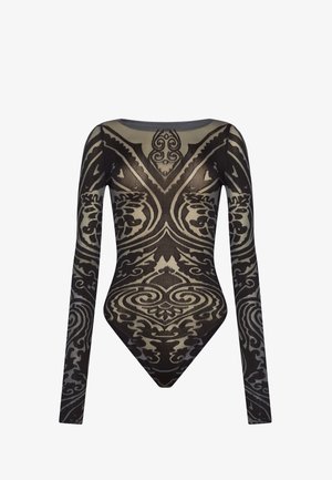 Langärmliger Bodysuit aus schwarz-beigem Stoff mit Muster, der verzierte Designs und einen hohen Kragen aufweist. Figurbetonte Passform mit String-Schnitt.