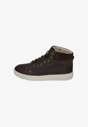 Brown leather high-top sneaker with contrasting brown suede accents, round laces, and a white rubber sole. Features stitched detailing.
