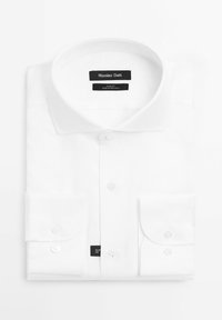 Weißes Slim-Fit-Hemd mit Knopfmanschetten, strukturiertem Kragen und subtiler Textur, etikettiert mit "Massimo Dutti".