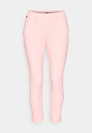 Calças rosa às quadrados com um corte ajustado, apresentando bolsos laterais e uma bainha ajustável. Tecido suave com um brilho sutil.