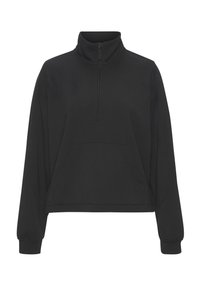 Čierny pulóver so zvýšeným golierom, polovičným zipsom na prednej strane, dlhými rukávmi a prednou klokankou. Vyrobený z jemnej tkaniny.