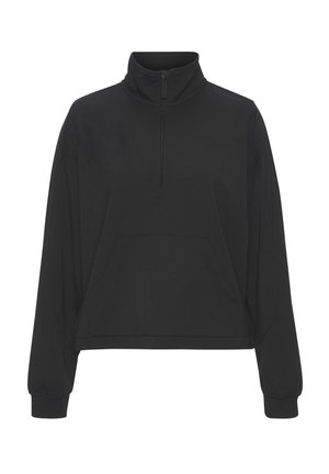 Schwarzer Pullover mit hohem Kragen, halbem Reißverschluss vorne, langen Ärmeln und einer vorderen Kängurutasche. Hergestellt aus weichem Stoff.