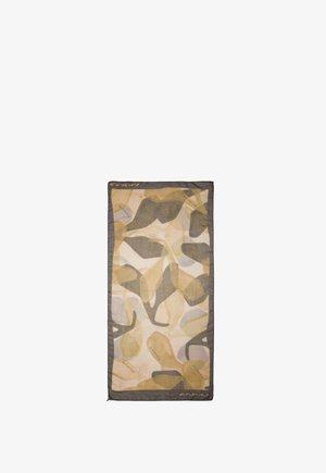 Bufanda rectangular con patrones abstractos de hojas en tonos beige, marrón y gris, y un borde gris oscuro sobre un fondo blanco.