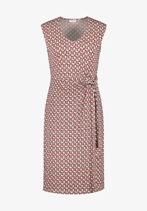 Bezrekawowa sukienka do kolan z zaokrąglonym dekoltem, wzór geometryczny w kształcie liści w kolorach różowym i zielonym oraz pasujący materiałowy pasek wiązany w talii.