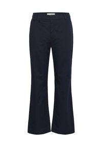 Pantalon droit bleu marine avec passants pour ceinture, fermeture éclair à l'avant, et petite poche avant du côté droit.