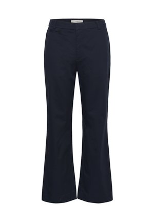 Granatowe spodnie o prostych nogawkach z szlufkami na pasek, zapinane z przodu na zamek, z małą kieszenią z przodu po prawej stronie.