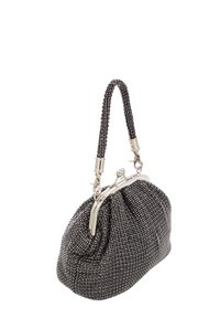 Borsa da sera nera metallica con un design plissettato, adornata con piccole perline, e una cornice e manico argentati. Superficie texturizzata in tutto.