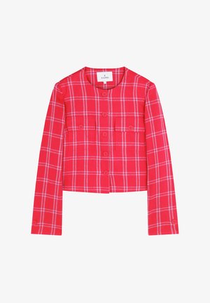 Punainen ruudullinen lyhyt takki, jossa on pitkät hihat, pyöreä kaula-aukko ja kaksi napitettavaa rintataskua. Kankaan pinta on sileä ja siinä on hienovarainen kiilto.