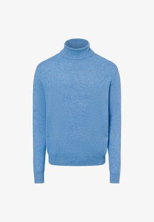 Maglione a collo alto azzurro chiaro realizzato in un materiale morbido, con maniche lunghe e orlo aderente, caratterizzato da una trama liscia e un design minimale.