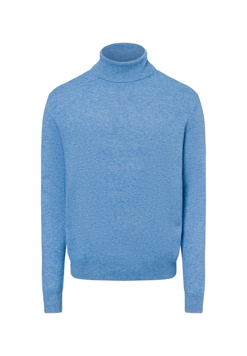 Lichtblauwe turtleneck trui van zacht materiaal met lange mouwen en een aansluitende zoom, met een gladde textuur en minimalistisch ontwerp.