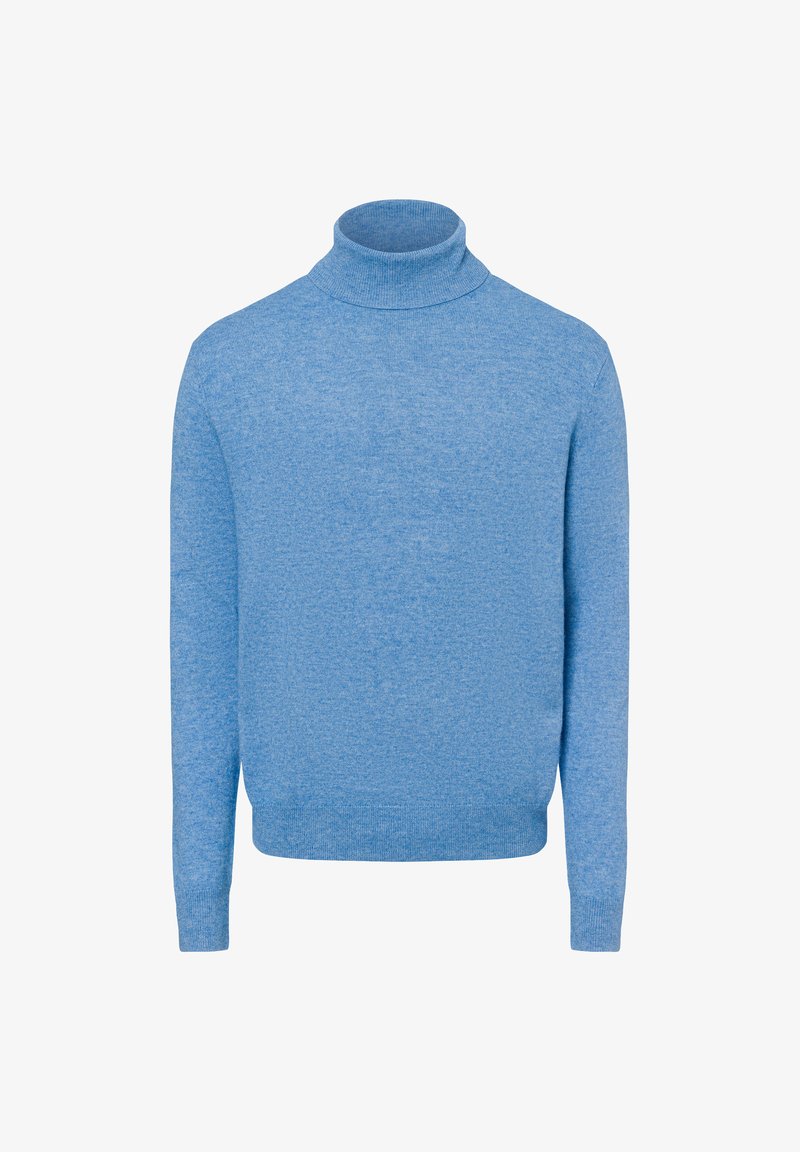 Pull à col roulé bleu clair en matériau doux, avec des manches longues et un ourlet ajusté, présentant une texture lisse et un design minimal.