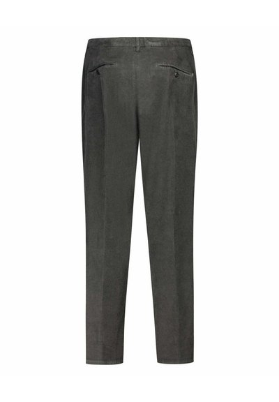 Donkergrijze broek van zachte stof met een gladde textuur, voorzien van twee achterzakken met ritsen en een op maat gemaakte, rechte snit.
