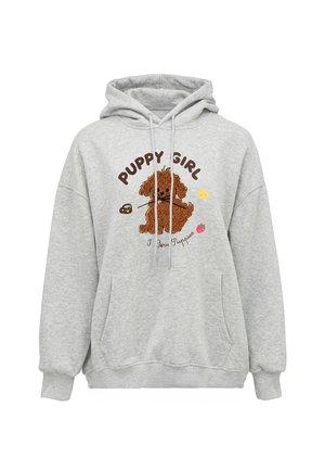 Lysegrå hættetrøje med en brun tegneserie-hvalp, der holder en pind, og teksten "PUPPY GIRL" og "I love Puppies" på forsiden.