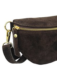 Sac en daim marron de forme arrondie, avec une fermeture éclair dorée et une bandoulière amovible avec des accents en matériel doré. Surface texturée.