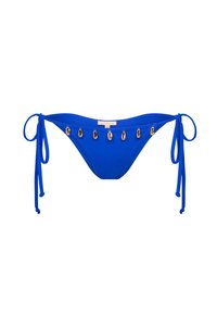 Blauer Bikiniunterteil mit seitlichen Bindebändern, versehen mit goldenen Muschel-Akzenten an der Vorderseite. Glatte Textur und ein elegantes Design.